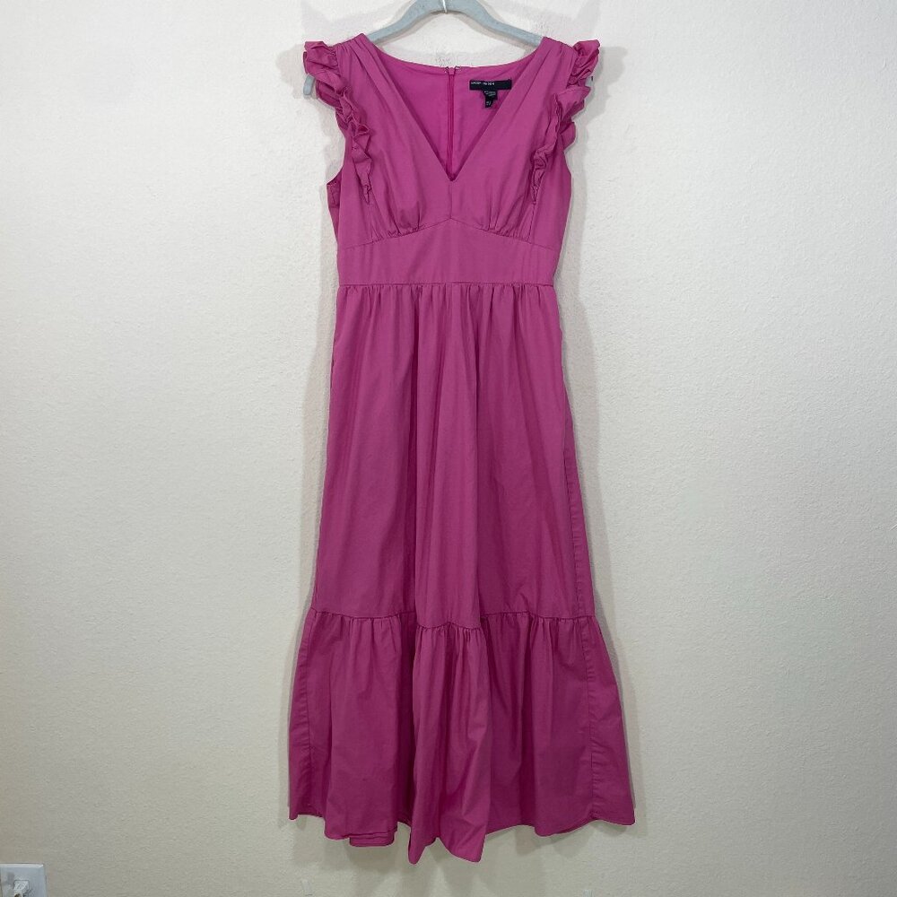 Maggy London Maxi Dress Size 2 Pink Cotton Ruffle Flutter Sleeve Tiered V-Neck